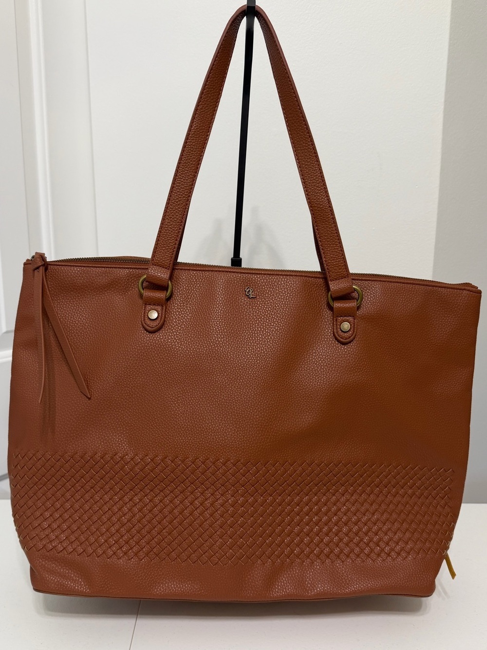 Elliott Lucca Cognac Pebbled Faux Leather Tote Bag with Woven Panel Detail